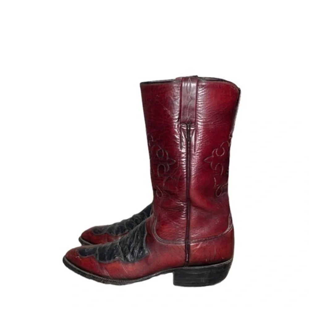 Lucchese 2318 Ostrich Exotic Black Cherry Red Leather Inlay Western Cowboy Boots